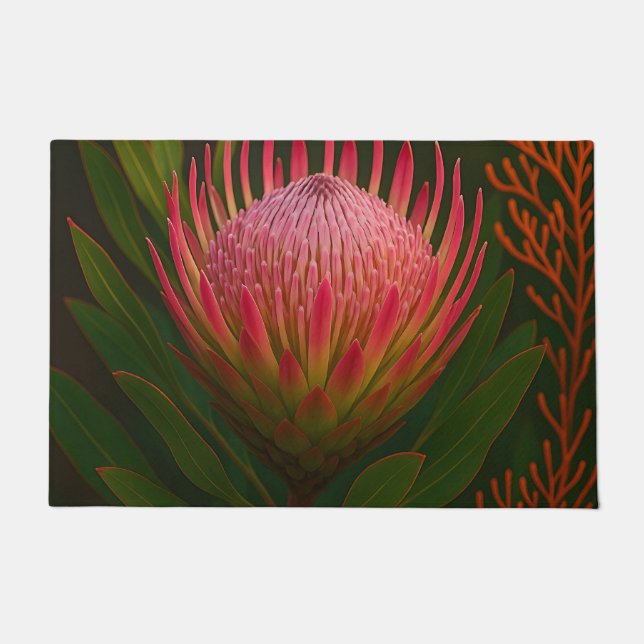 Felpudo Flor de Protea Rosa Exótico Florecer (Anverso)