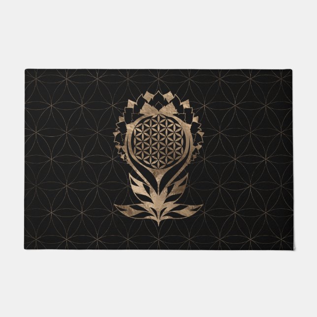 Felpudo Flor de vida Lotus - Negro y oro (Anverso)