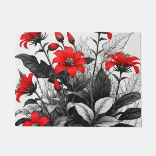 Felpudo Flor Roja Sobre La Planta Blanca Negra