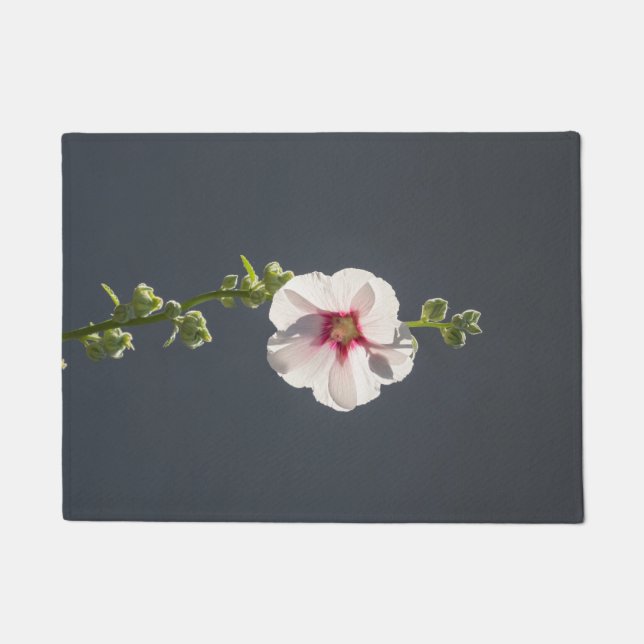 Felpudo Flor rosa Mallow hojas verdes sobre gris oscuro (Anverso)