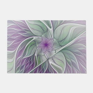 Felpudo Flor Sueño, Arte Fractal Abstracto Verde Púrpura
