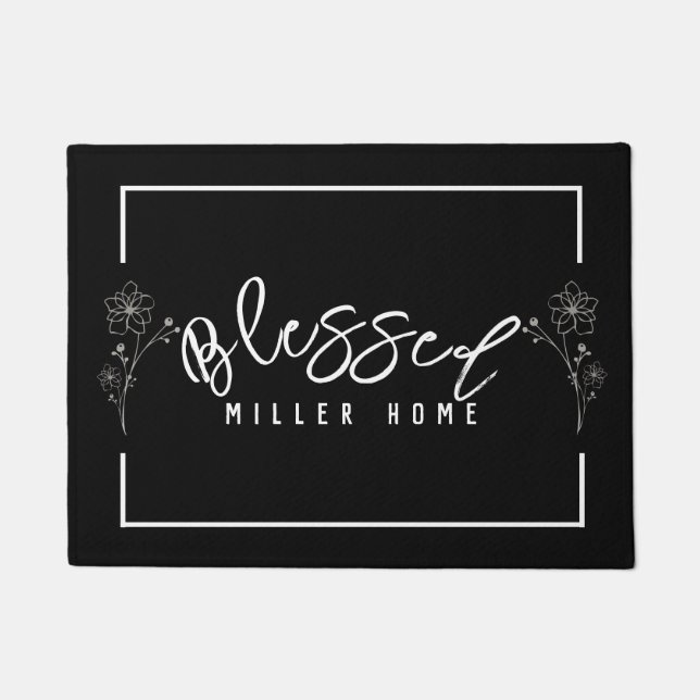 Felpudo Floral Blessed Hogar Nombre Familia Negro Personal (Anverso)