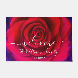 Felpudo Floral de bienvenida con el nombre de rosa roja el