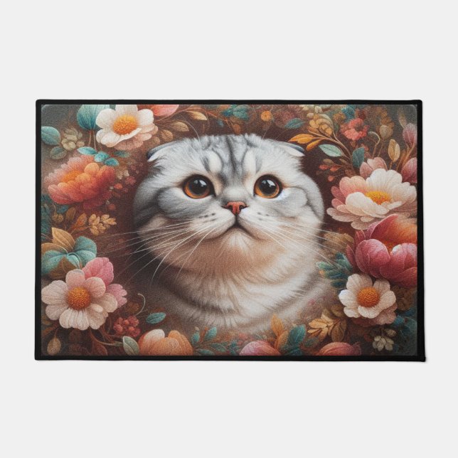 Felpudo Floral Delight Scottish Fold Cat, Escocia Fold (Anverso)