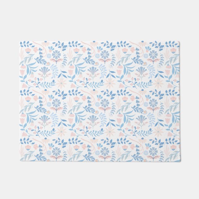 Felpudo Floral design boho block print blue pink girly (Anverso)