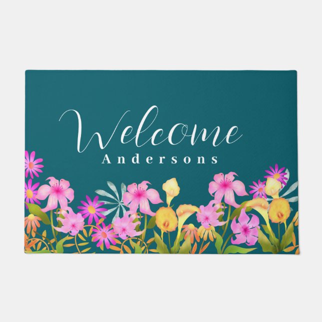 Felpudo Floral Garden Teal Welcome (Anverso)