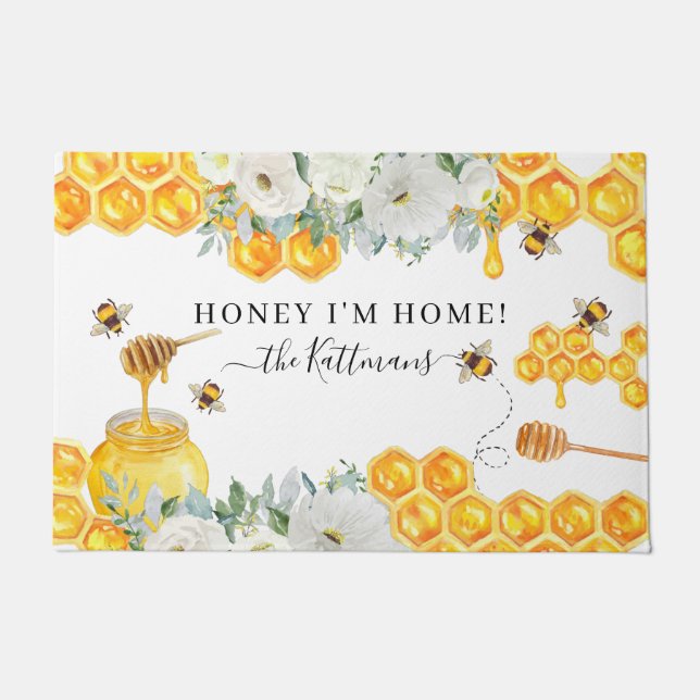 Felpudo Floral Honeycomb Bumble Bee | Monograma (Anverso)