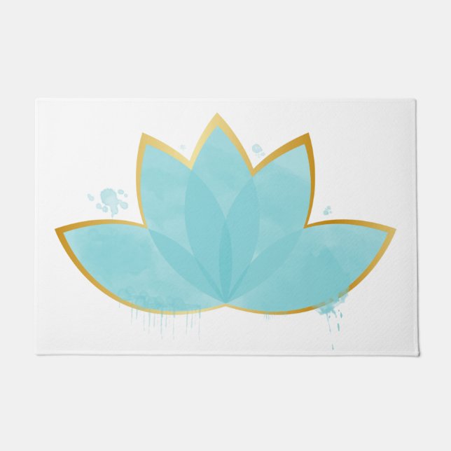 Felpudo Floral Lotus acuarela Seafoam Blue & Faux Gold (Anverso)