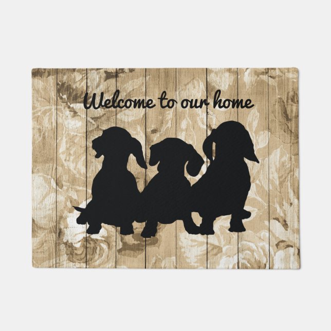 Felpudo Floral Rústica Faux Wood Dachshund Doormat (Anverso)