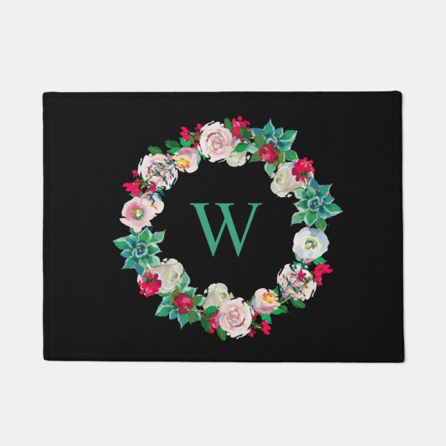 Felpudo Floral Wreath Monogramada Negro (Anverso)