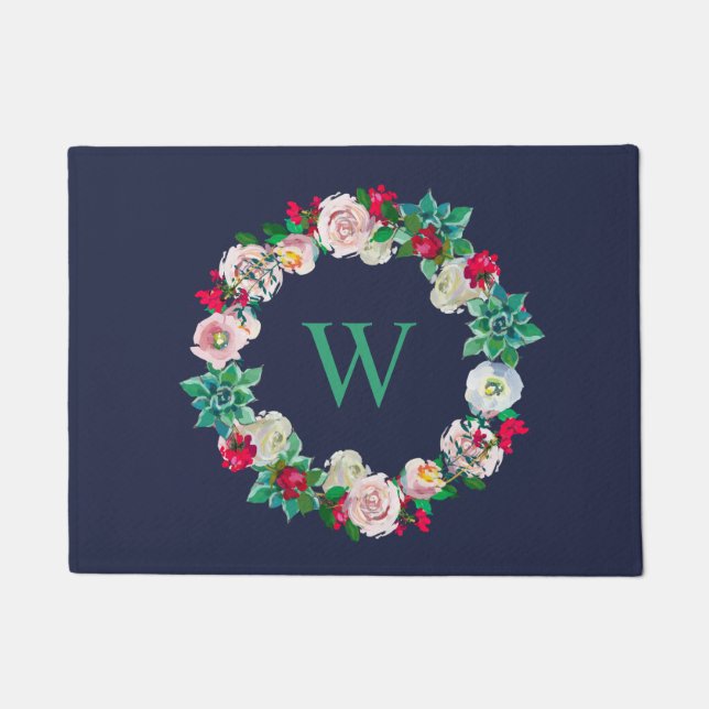 Felpudo Floral Wreath Monogramed Naval Azul (Anverso)