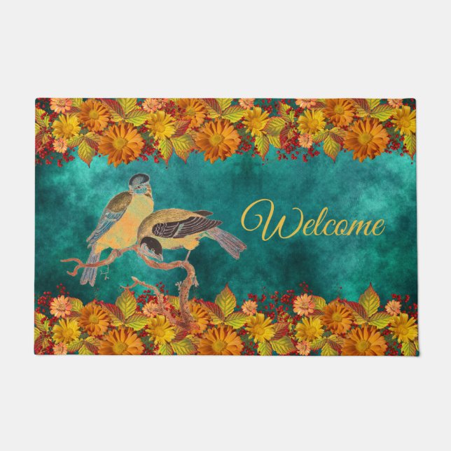 Felpudo Floral y pájaros Naranja, rojo, amarillo, Verde az (Anverso)