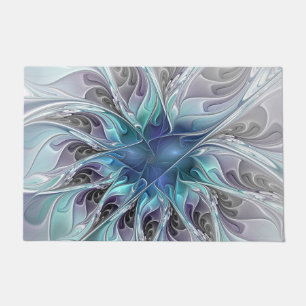 Felpudo Florecer Abstracto Moderno Floral Fractal Azul