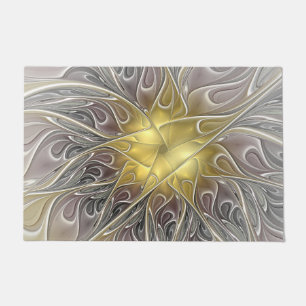 Felpudo Florecer con flor fractal abstracta moderna de oro