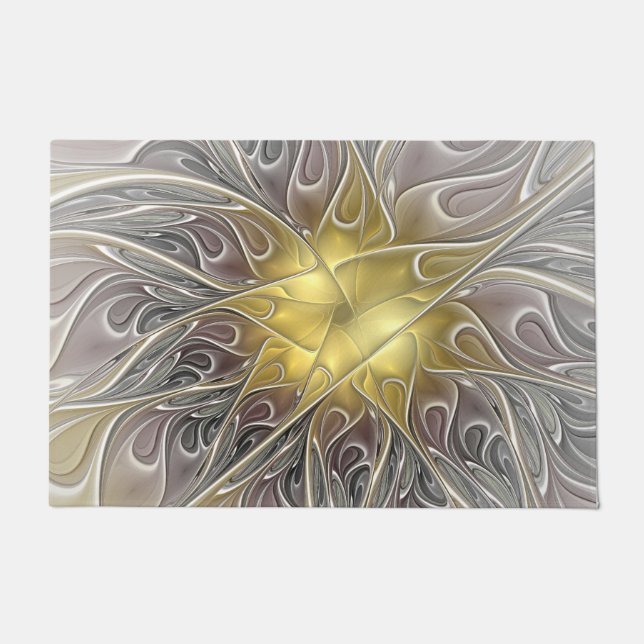 Felpudo Florecer con flor fractal abstracta moderna de oro (Anverso)