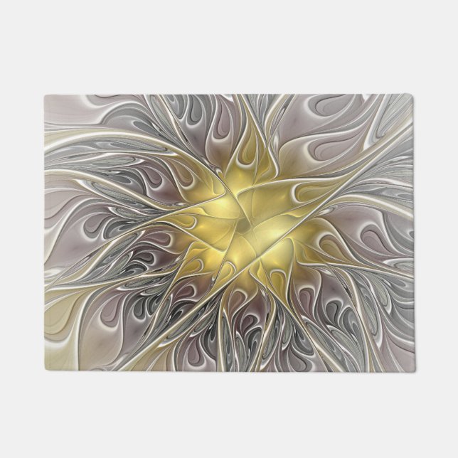 Felpudo Florecer con flor fractal abstracta moderna dorada (Anverso)