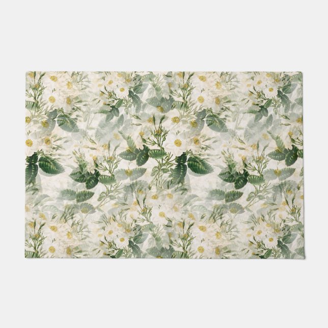 Felpudo Flores blancas suaves y románticas y hojas verdes (Anverso)