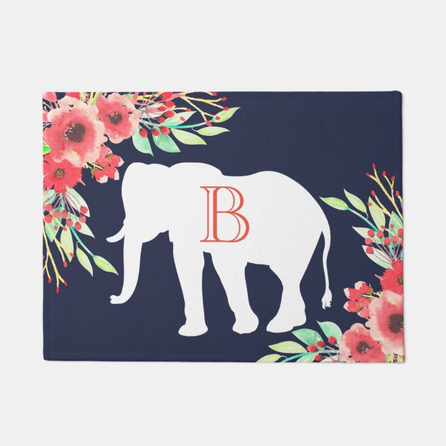 Felpudo Flores de acuarela de elefante blanco | Personaliz (Anverso)