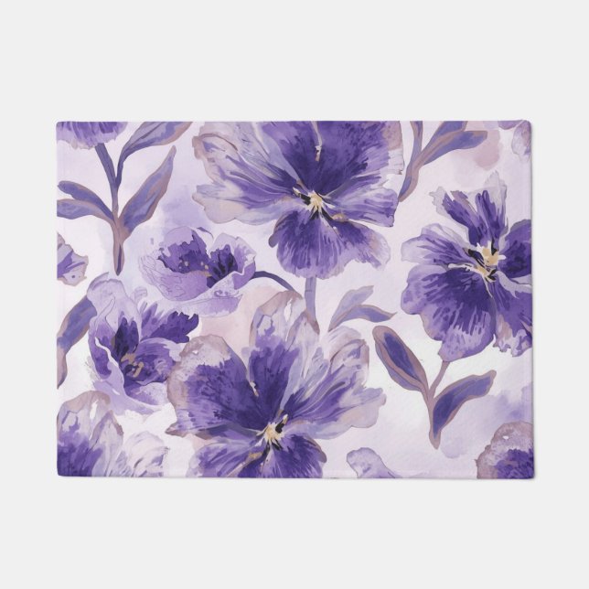 Felpudo Flores de Acuarela de Violetas Florecidas Pintadas (Anverso)