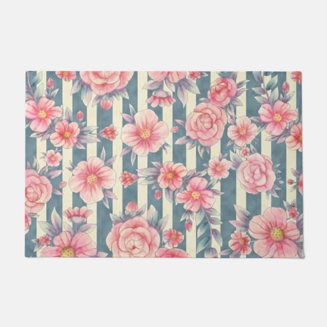 Felpudo Flores de acuarela rosadas sobre rayas (Anverso)