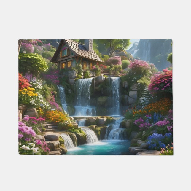 Felpudo Flores de cascadas de cabaña de montaña tranquilas (Anverso)