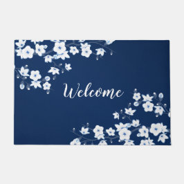 Felpudo Flores de Cerezo Azul Marino Blanco Bienvenida