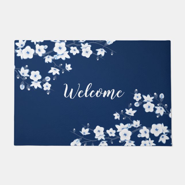 Felpudo Flores de Cerezo Azul Marino Blanco Bienvenida (Anverso)