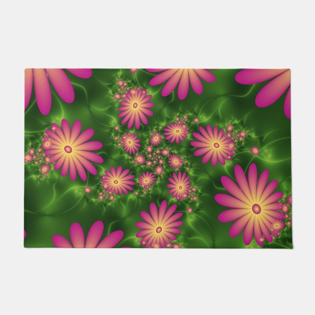 Felpudo Flores de fantasía rosa arte fractal abstracto mod (Anverso)