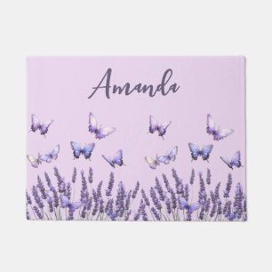Felpudo Flores de lavanda mariposas en púrpura pálida