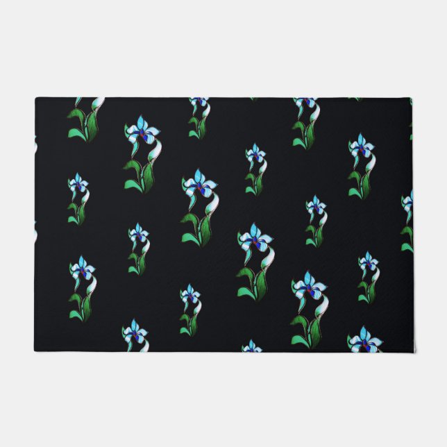 Felpudo Flores de neón verde azul sobre negro (Anverso)
