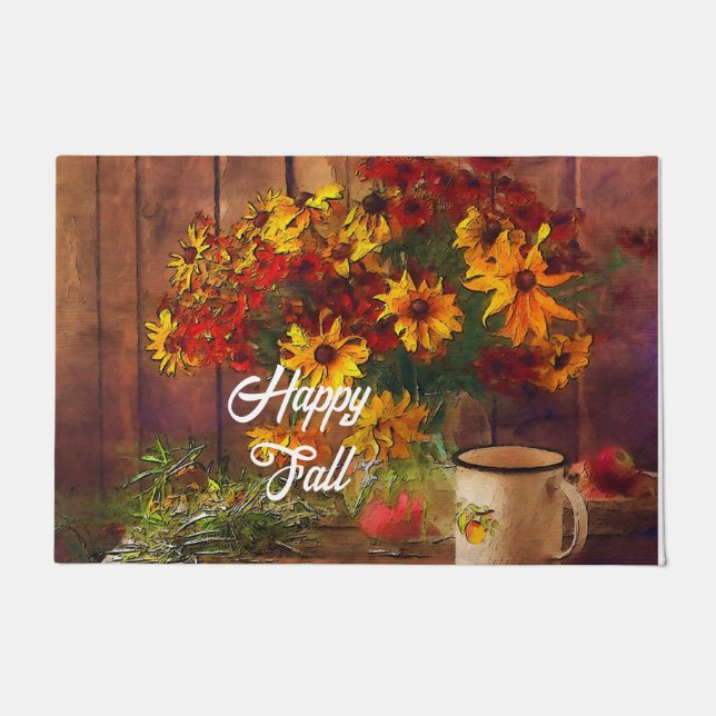Felpudo Flores de otoño y taza con texto personalizable  (Anverso)