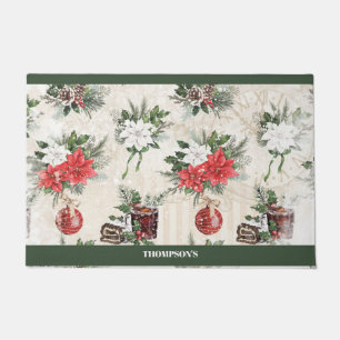 Felpudo Flores de poinsettia roja y blanca Navidades clási