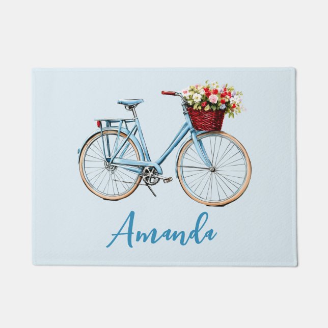 Felpudo Flores de primavera azul en bicicleta sobre azul p (Anverso)
