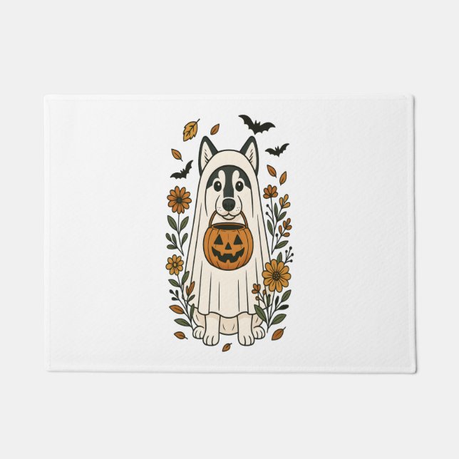 Felpudo Flores Husky Siberianas de Halloween (Anverso)