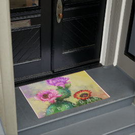 Felpudo Flores moradas rosadas de Cactus rojas bienvenidas