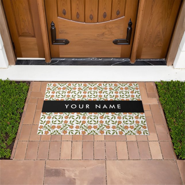 Felpudo Flores Naranjas, Patrón Floral, Boho, Tu Nombre (Exterior)