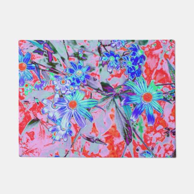 Felpudo Flores retro psicodélicas de Aqua verde y Naranja (Anverso)