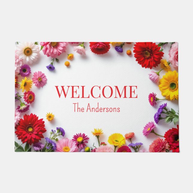 Felpudo Flores rojas rosadas coloridas (Anverso)