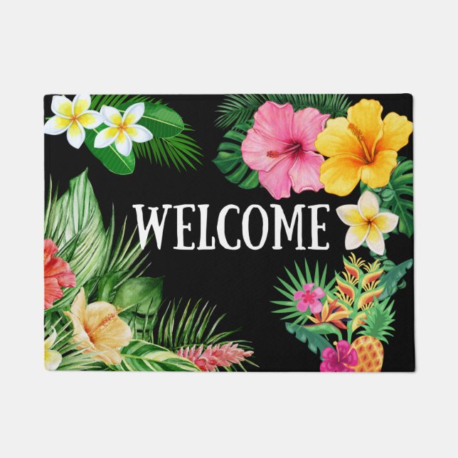 Felpudo Flores tropicales con flores de bienvenida Doormat (Anverso)