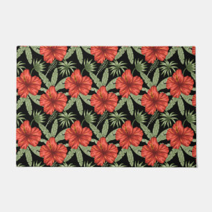 Felpudo Flores tropicales rojas patrón de hojas verdes sin