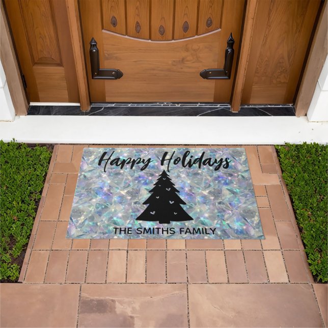 Felpudo Fondo de Piedra Óptica Holográfica Felices Fiestas (Exterior)