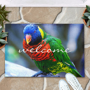 Felpudo Foto de Lorikeet Pájaro Rojo Azul Verde Script de 