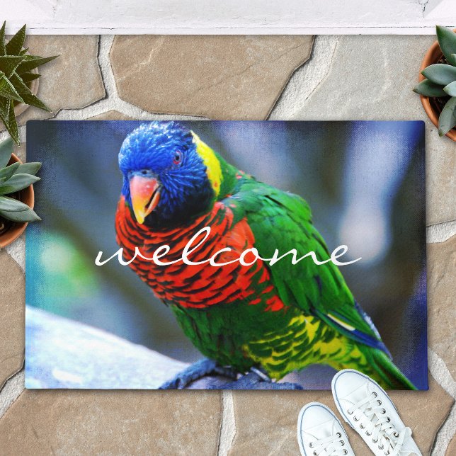 Felpudo Foto de Lorikeet Pájaro Rojo Azul Verde Script de  (Subido por el creador)