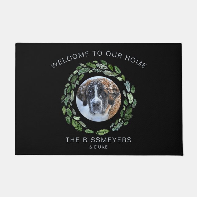 Felpudo Foto mascota Foliage Black Wreath Family Name (Anverso)