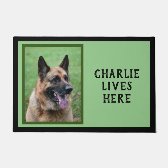 Felpudo Foto y nombre de tu perro, fondo verde (Anverso)