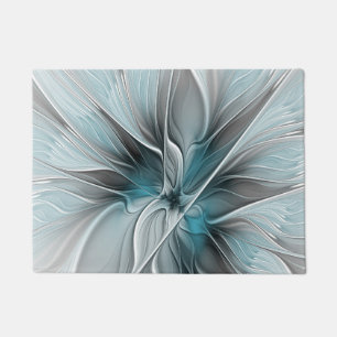Felpudo Fractal floral moderno abstracto flor azul gris
