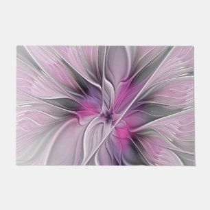 Felpudo Fractal Floral Moderno Abstracto Flor Rosa Gris