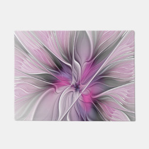 Felpudo Fractal Floral Moderno Abstracto Flor Rosa Gris
