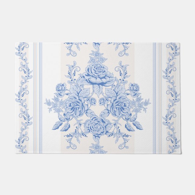 Felpudo Francés, chic, vintage, azul pálido, blanco,país (Anverso)