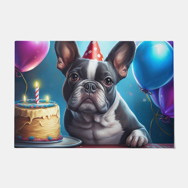 Felpudo Frenchie Birthday Bash: Un lindo Bulldog francés (Anverso)